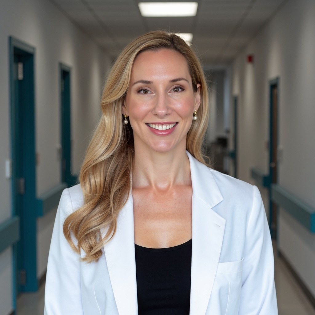 Amanda, Board Certified Nurse Practitioner, using a tablet in a modern medical suite